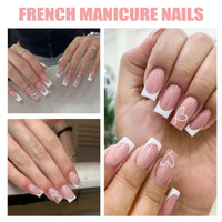 Shengqialun Pink Press on Nails, Long Coffin False Nails - French Tip Pink & White Fake Nail with Heart Accents, 24pcs Full Cover Stick on Nails with Glue, Glossy Elegant Press-Ons for Parties