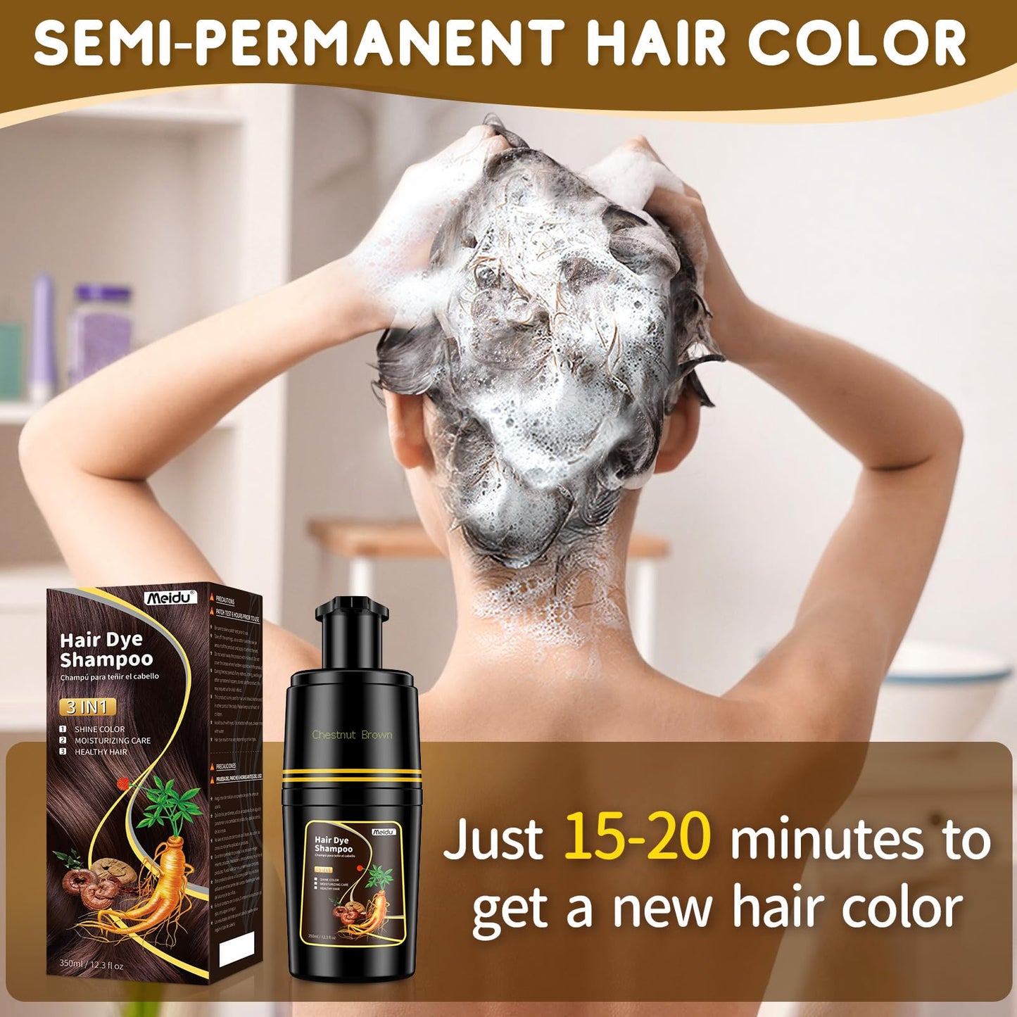 IIIMEIDU Black Hair dye Shampoo 3 in 1, Natural Hair Color Shampoo for Gray Hair, Herbal Hair Dye Shampoo for Women and Men 100% Grey Hair Coverage,350ml (Chestnut brown)