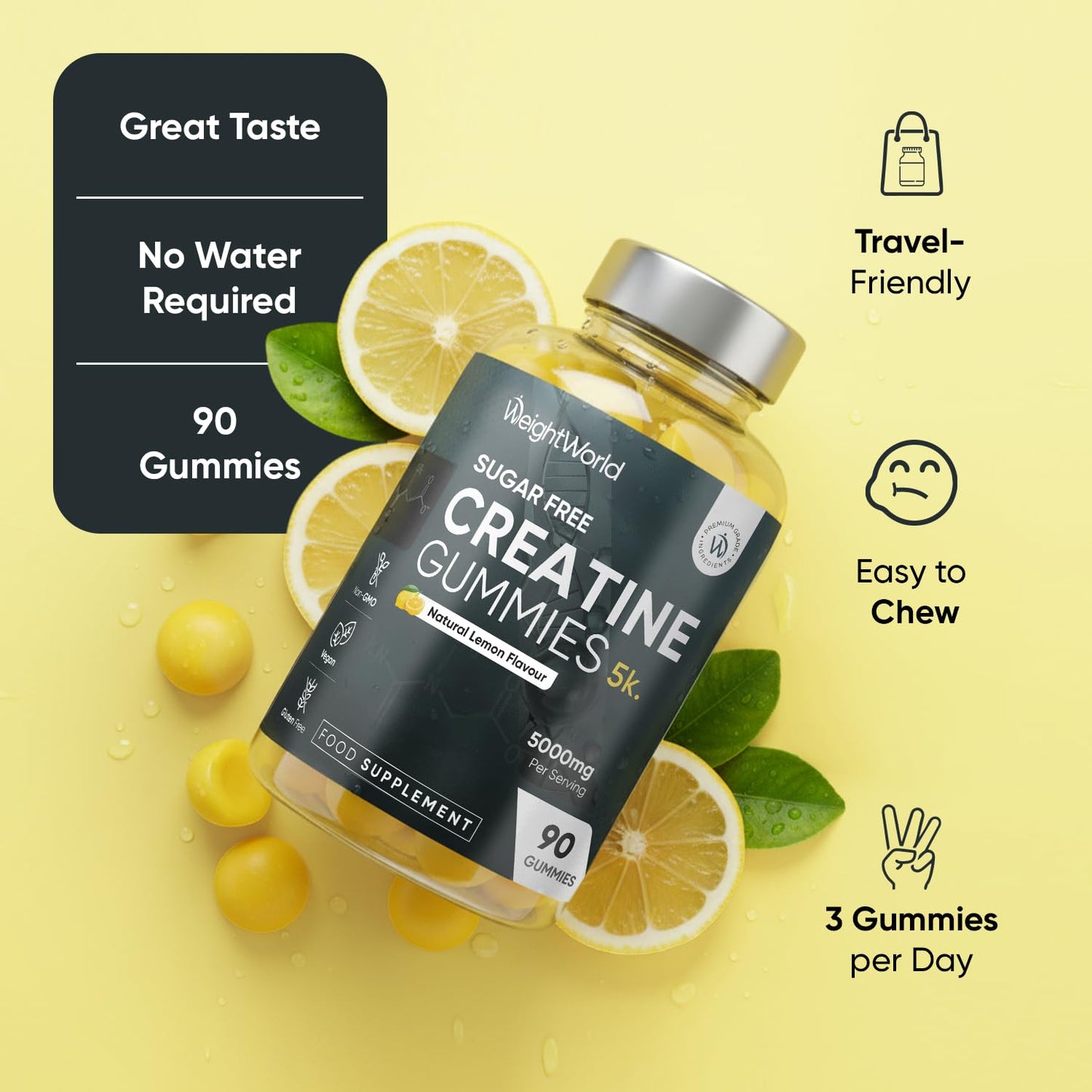 WeightWorld Creatine Gummies for Women & Men - 5000mg - Sugar-Free - 90 Gummies - Natural Lemon Flavour - Vegan-Friendly Creatine Monohydrate Supplement - 1 Month Supply - Non-GMO & Gluten-Free