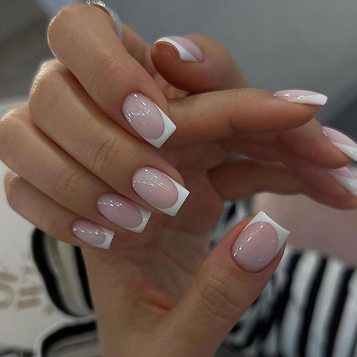 EONFAVE French Tip False Nails - 24pcs Square Press On Nails Short In 12 Sizes - Nude Stick on Nails with Elegant White Edge - Long Lasting False Nails with Glue Removable Nail Art Gifts for Women