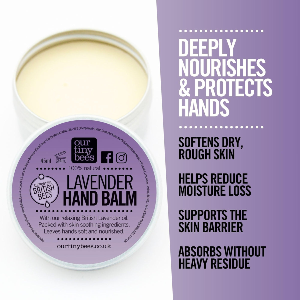 Our Tiny Bees Lavender Hand Balm 45ml – Skin softening, calming and healing. Natural Hand Balm with British Lavender