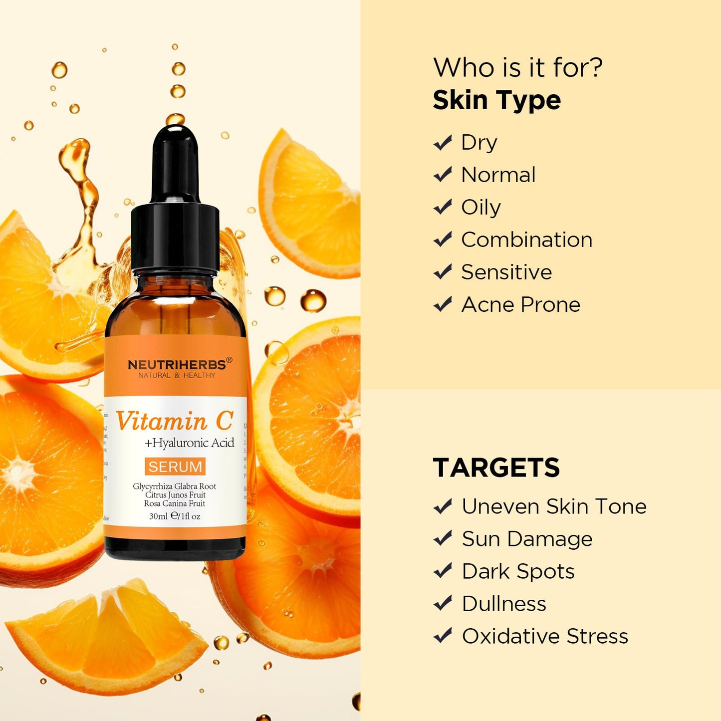 Neutriherbs Vitamin C Serum, Niacinamide Serum For Face, 30ML-Vit C Hydrating Booster with Hyaluronic Acid, Glowing Face Skincare for Women Men, Brighten Skin Moisturiser for Reduces Dark Spots & Evens Skin Tone
