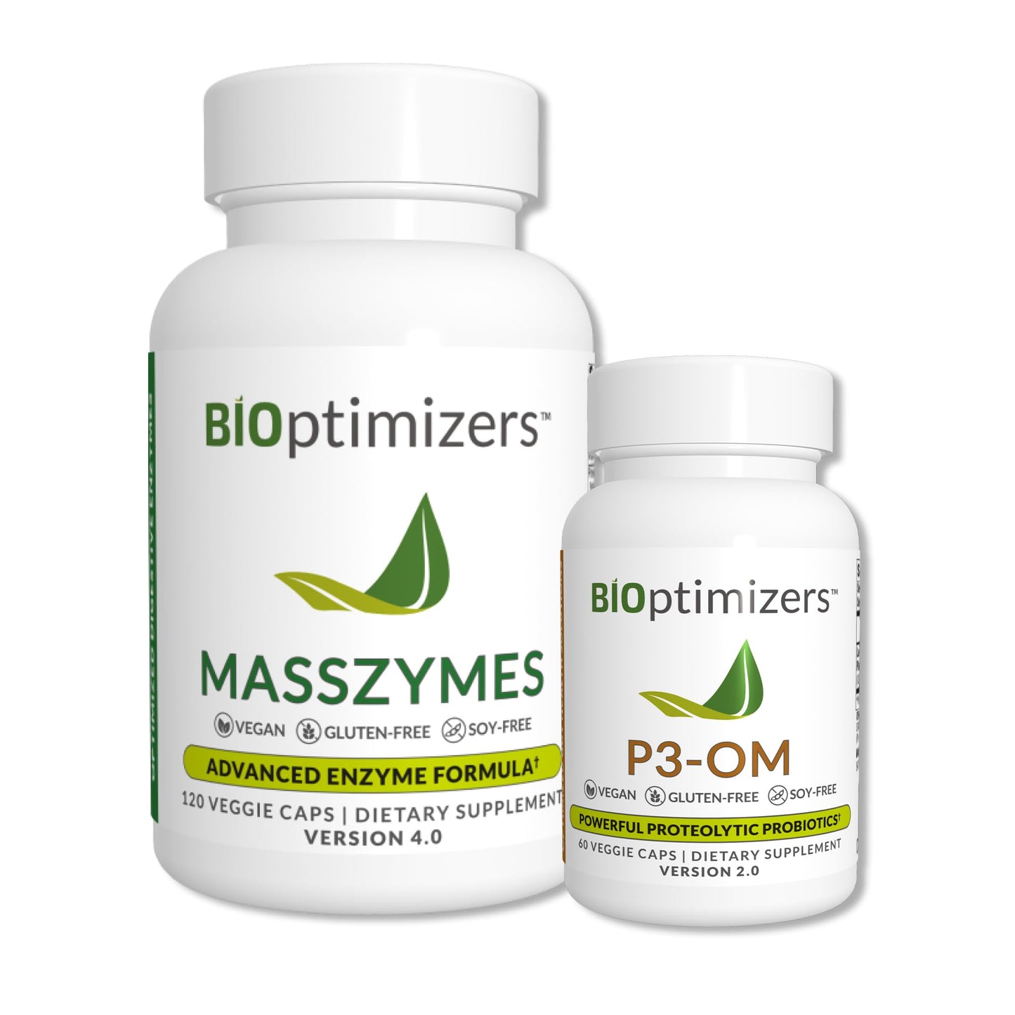BiOptimizers MassZymes Digestive Enzymes (120 Capsules) and P3-OM Probiotic & Prebiotic (60 Capsules) Supplement Bundle