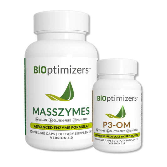 BiOptimizers MassZymes Digestive Enzymes (120 Capsules) and P3-OM Probiotic & Prebiotic (60 Capsules) Supplement Bundle