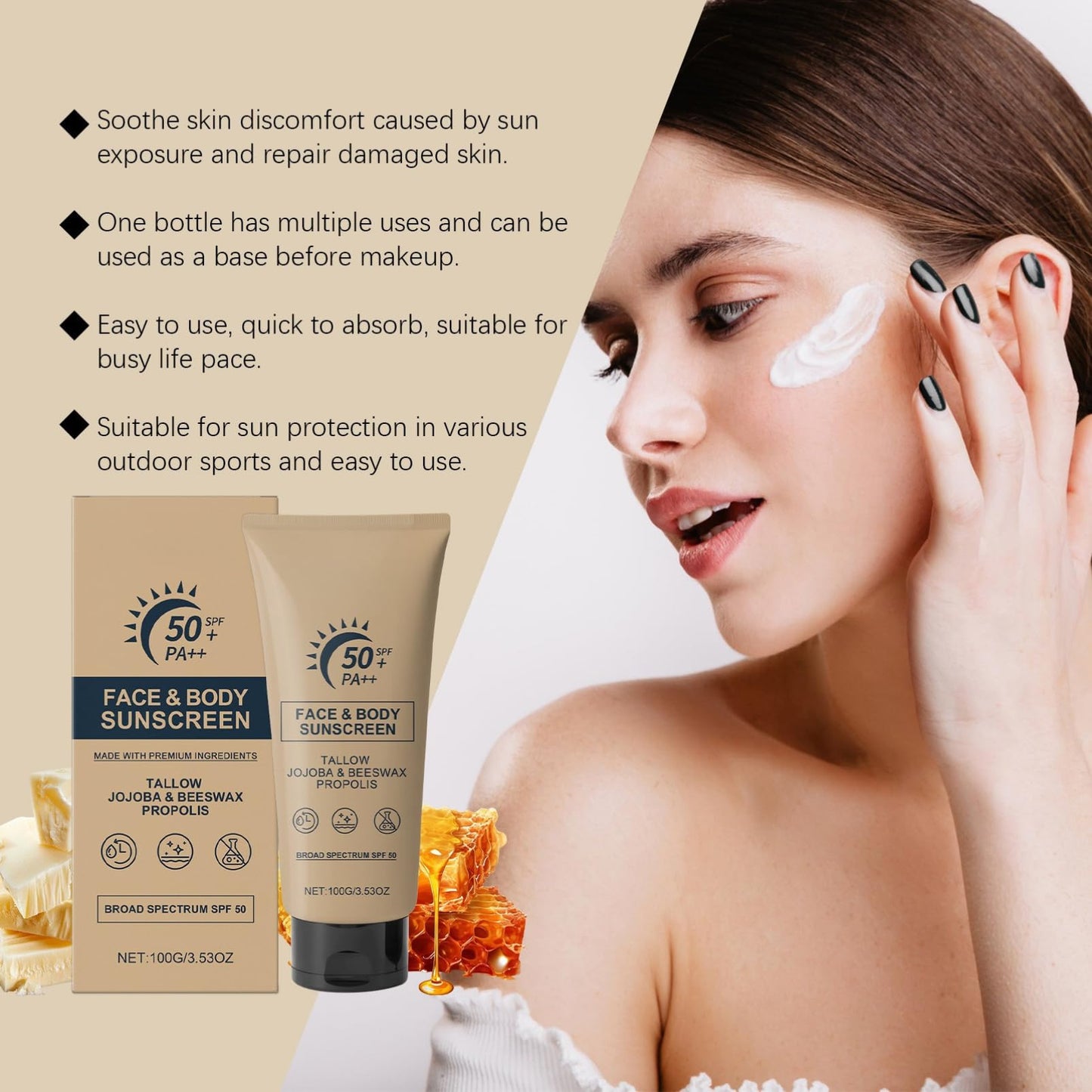 Tallow Sunscreen Face Cream SPF 50 – Natural Mineral SunCream - Organic Sun Cream for Skincare – Non-Greasy Beef Tallow Sunscreen Moisturising Base for Outdoor Use, Fast Absorbing
