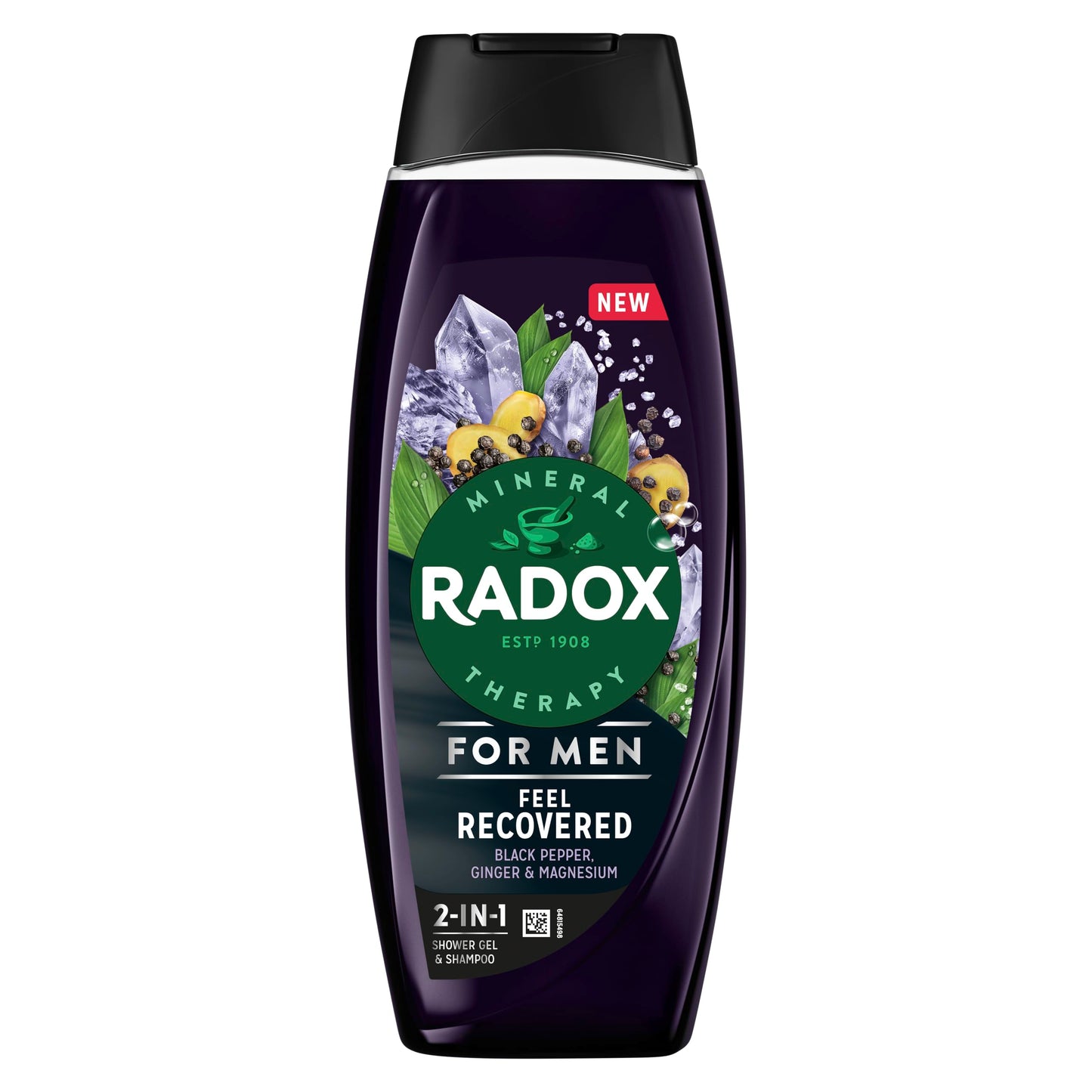 Radox Mineral Therapy Feel Recovered 2-in-1 Shower Gel & Shampoo Men's Body Wash with magnesium and a black pepper & ginger scent for a soothing experience 450 ml