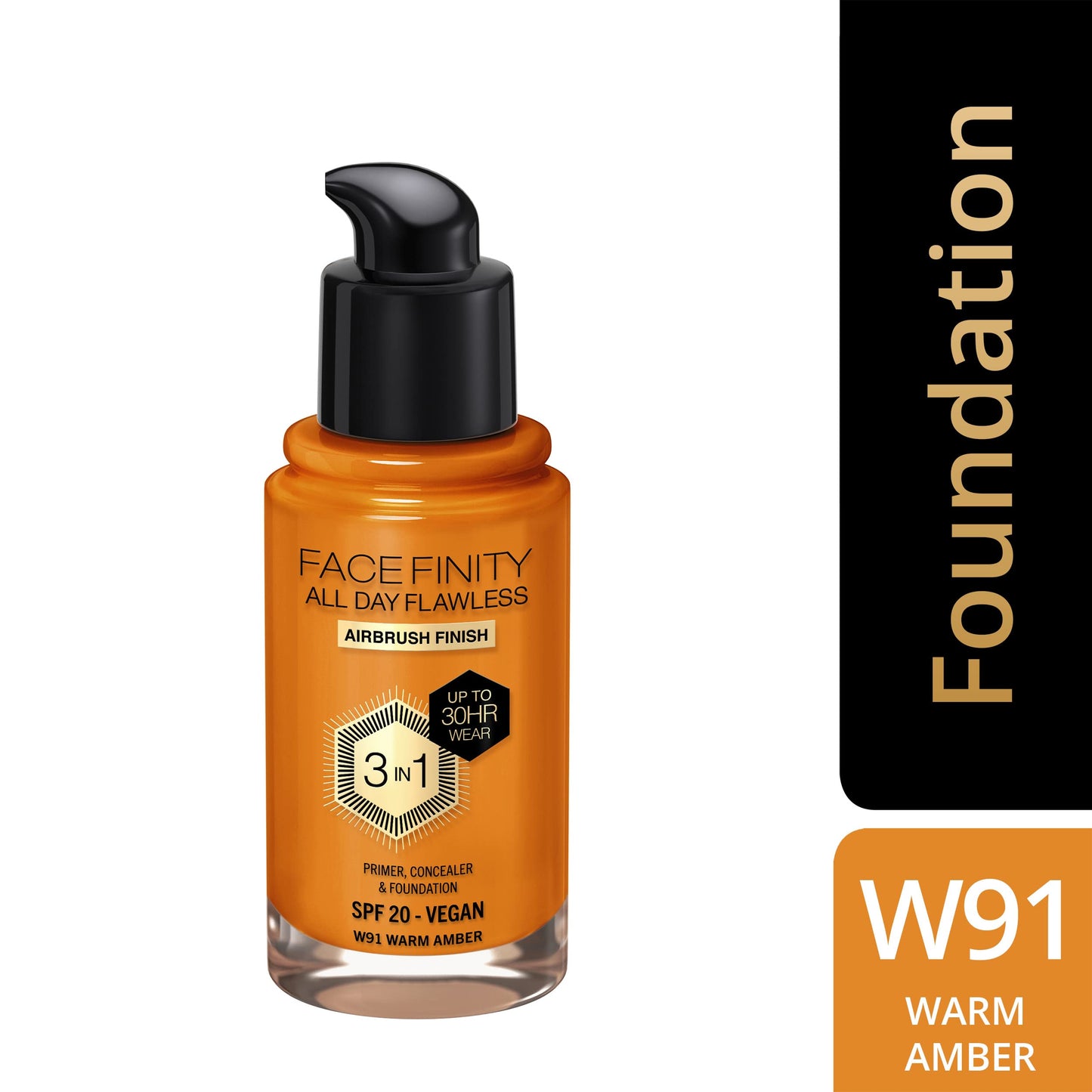 Max Factor Facefinity 3-in-1 All Day Flawless Liquid Foundation, SPF 20 - 91 Warm Amber, 30 ml