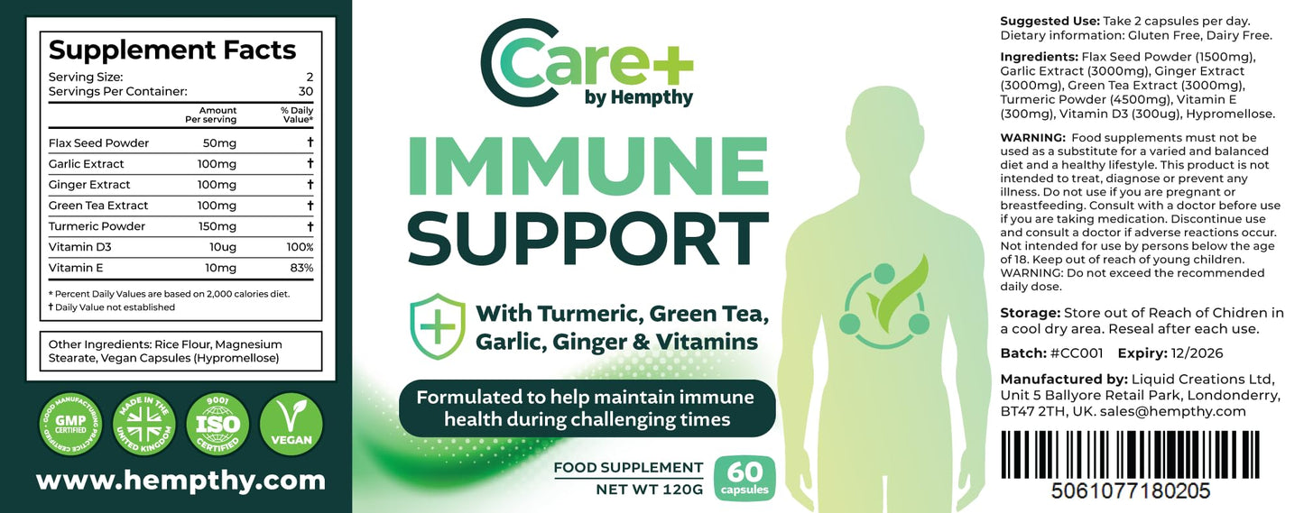 HEMPTHY THINK NATURALLY Immune Support Capsules: High Strength Turmeric, Green Tea, Garlic, Ginger & Vitamins D3, E - 60 Vegan Capsules (30 Day Supply) Made in The UK by Hempthy