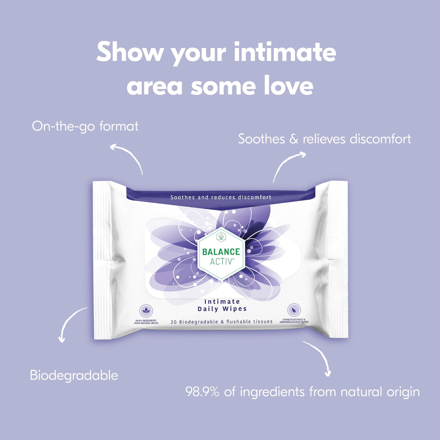 Balance Activ Intimate Wipes, Biodegradable, Flushable & pH Balancing, Natural Extracts of Aloe Vera, Mallow & Calendula to Soothe & Reduce Discomfort, 20 Wipes (Pack of 3)
