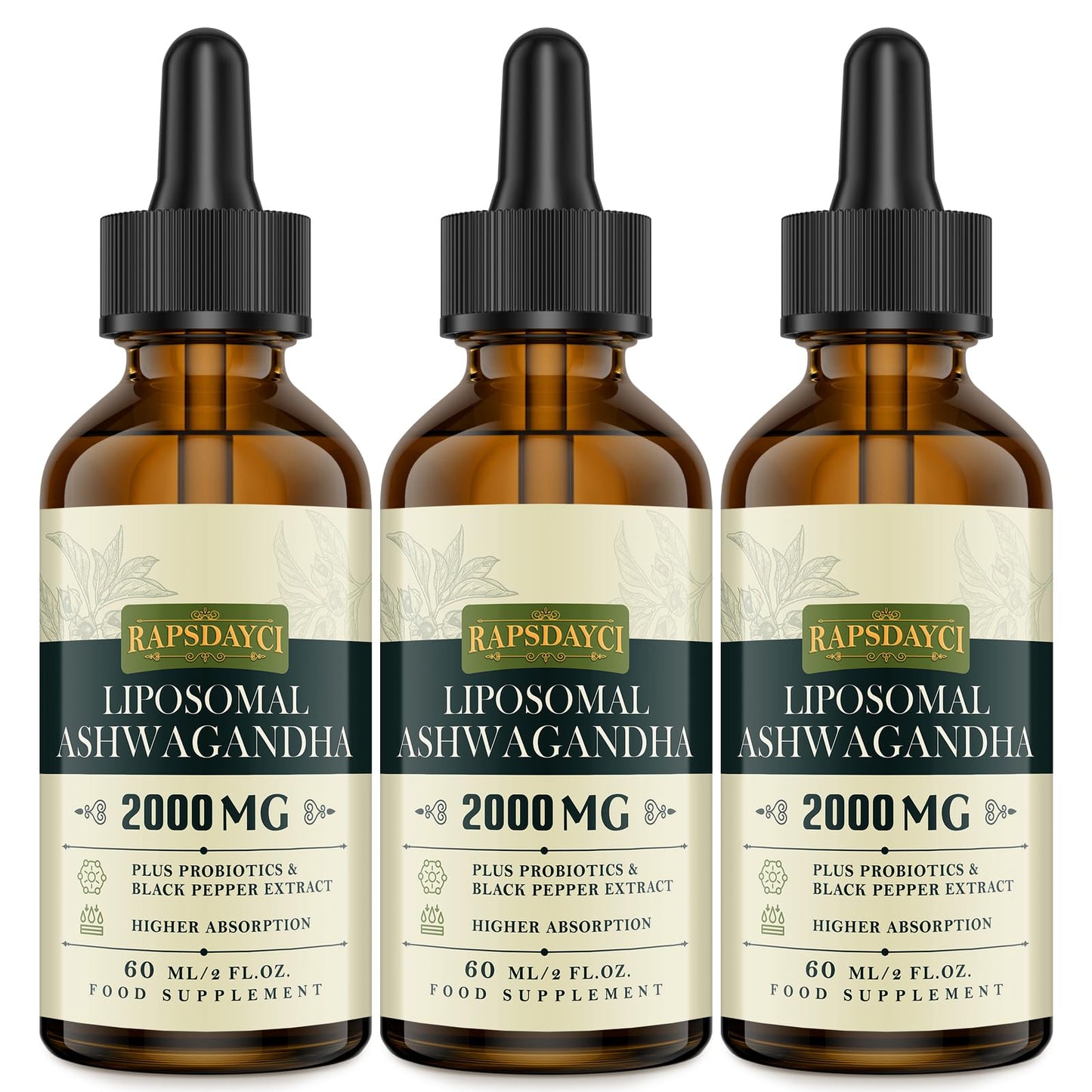 2000mg Liposomal Ashwagandha Liquid Drops, Pure High Strength Ashwagandha Root Extract with 7% Withanolides, 5X Concentration, Absorbed Faster Than Capsules, 60ml (Pack of 3)