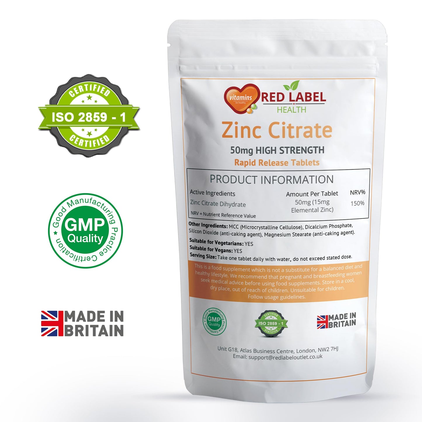 Red Label Health Zinc Citrate 50mg - 200 Vegan Tablets - Immune Function, Fertility, Healthy Bones, Vision, Hair, Nails and Skin | (6+ Months Supply) | Letterbox Friendly - Made in The UK
