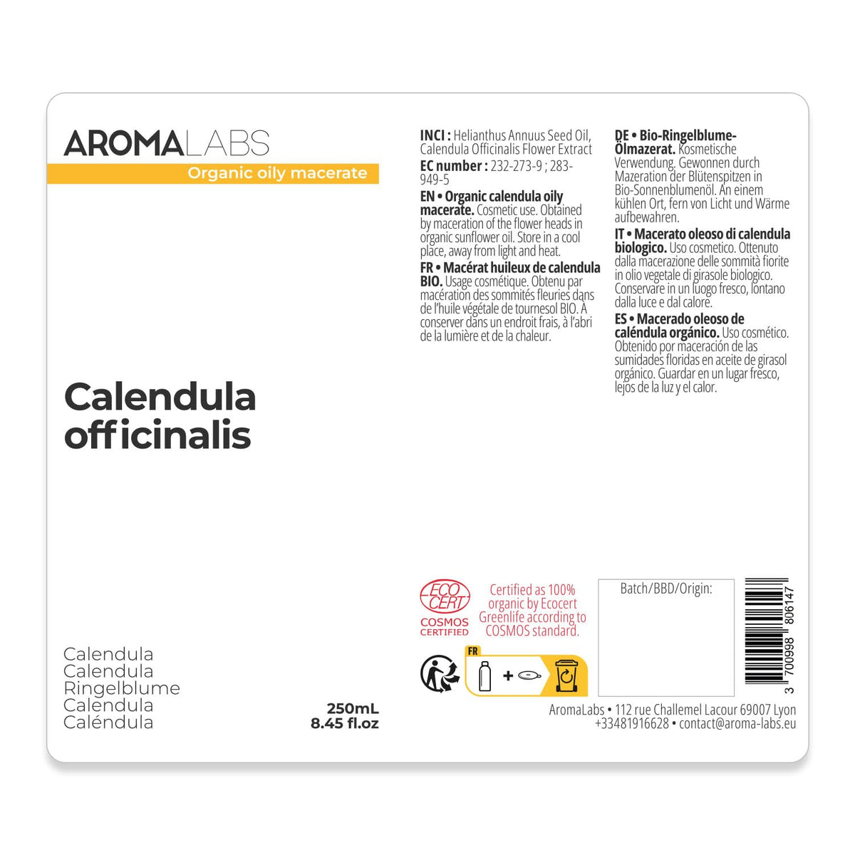 Aroma Labs ORGANIC - CALENDULA Infused Oil - 250mL - 100% Pure, Natural and Cosmos Certified - AROMA LABS (French Brand)