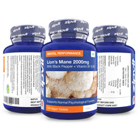 Lions Mane Mushroom Extract 2000mg, 120 Vegan Tablets with Black Pepper and Vitamins B1 & B5, Contributes to Psychological Function, Mental Performance and Reduces Tiredness and Fatigue.