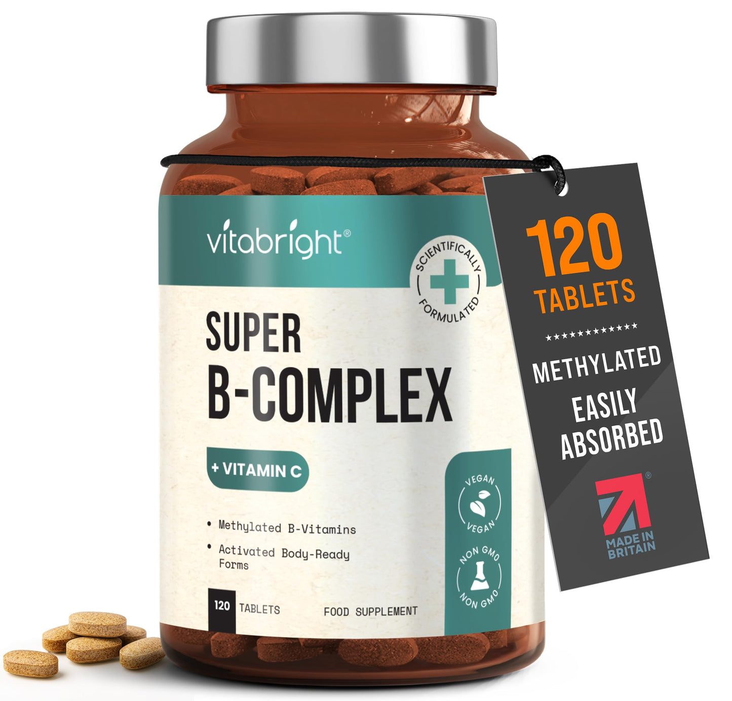VitaBright Vitamin B Complex High Strength Methylated B Vitamins | B6 Vitamins with Folate & B12 Supplements | Complete Complex with 12 Active Nutrients | Not Liquid Drops Or Spray | Vitabright
