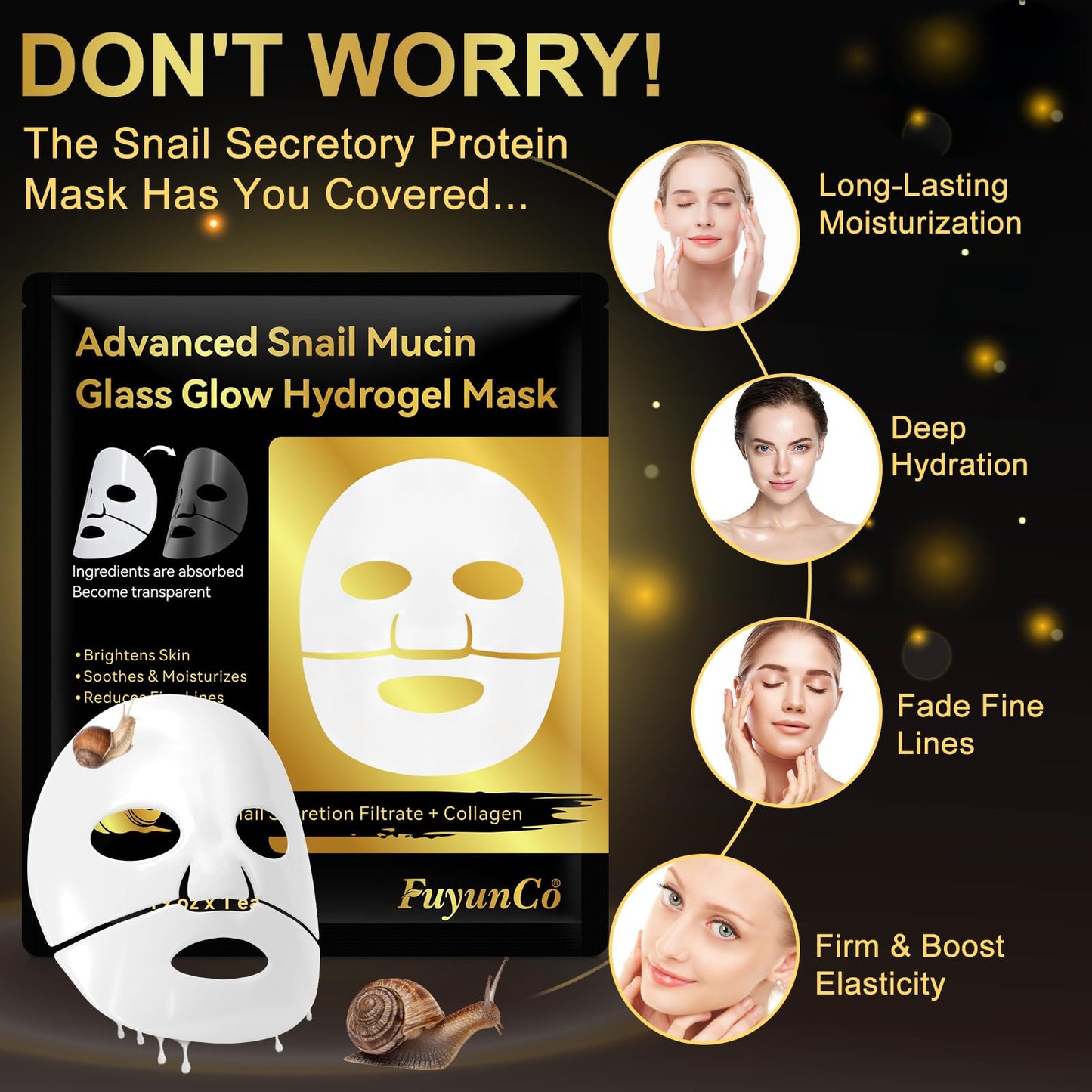 Feeliville Snail Mucin Mask 4 Pack, Glass Skin Collagen Mask, Collagen Face Mask, Advanced Snail Mucin Glass Glow Hydrogel Face Masks Skincare, Moisturizing Hydrating Anti-aging Face Masks