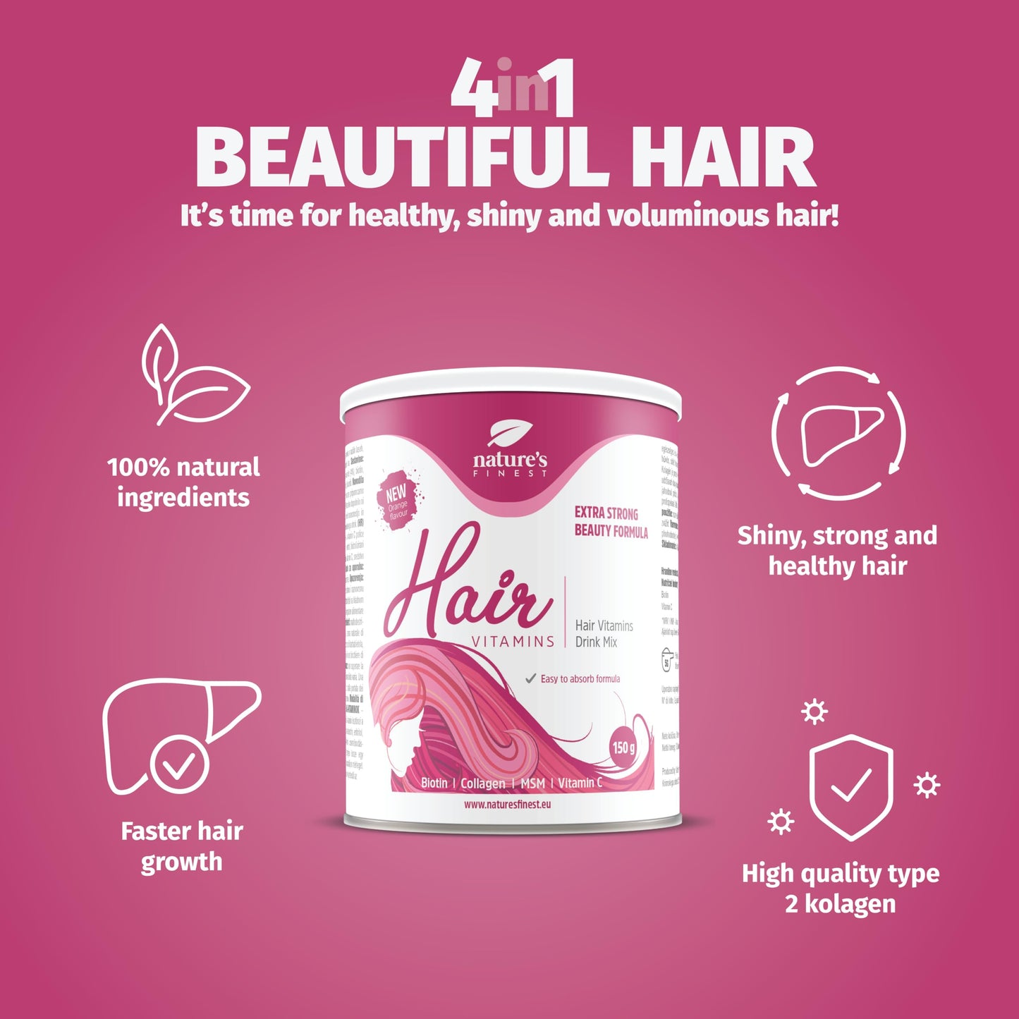 Nature's Finest by Nutrisslim Hair Vitamins Drink: Boost Hair Health with Biotin, Collagen, MSM Powder - Hair Care for Women Seeking Shiny, Strong, Thick Hair Growth - No Added Sugar, 1 Month Supply