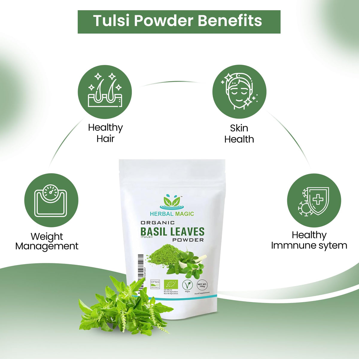 Herbal Magic's Organic Holy Basil Leaf Powder (Tulsi Powder) - Vibrant Smoothies,Juices,Shakes,Baked Recipes, Soups - Free from Fillers & Preservatives-of&G UK Organic Certified-100g