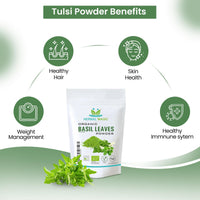 Herbal Magic's Organic Holy Basil Leaf Powder (Tulsi Powder) - Vibrant Smoothies,Juices,Shakes,Baked Recipes, Soups - Free from Fillers & Preservatives-of&G UK Organic Certified-100g
