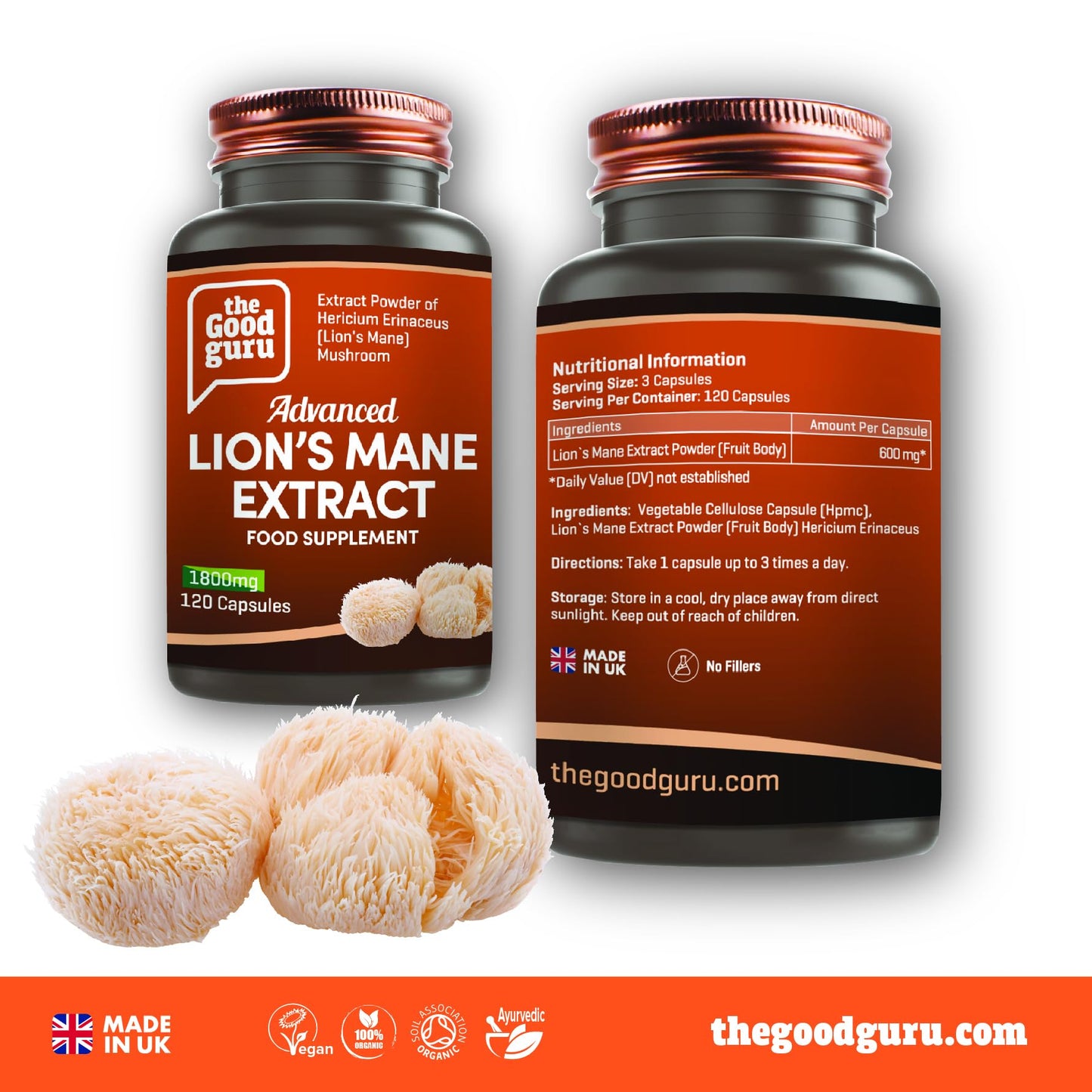 Lion's Mane Mushroom Extract - 1800mg | Immune and Memory Support |120 Vegan Capsules by Good Guru | Lions Mane Supplement