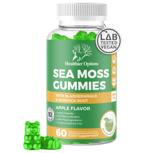 Healthier Options Irish Sea Moss Gummies with Bladderwrack & Burdock Root 5680 Mg | 60 Gummies | Apple Flavour | Vitamins & Minerals | Organic, Natural, Vegan, Gluten Free, Non GMO, High Strength