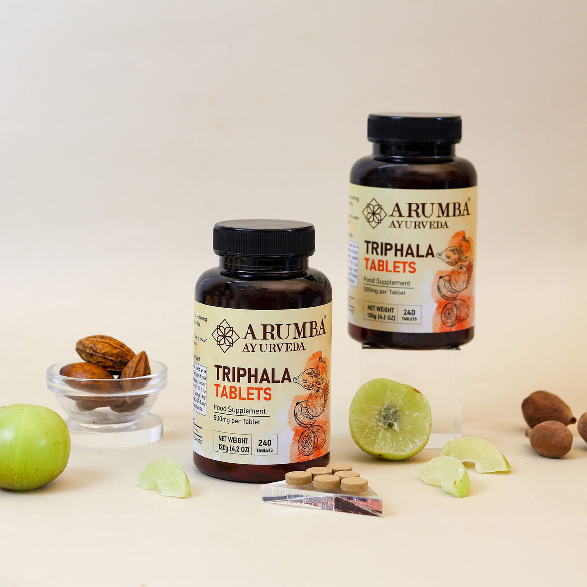 Arumba Ayurveda Triphala Tablets 240 Tablets, 500 mg per Tablet, Made with Pure Amalaki Powder, Haritaki Powder, Bibhitaki Powder