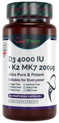 Vitamin D3 4000IU + K2 MK7 200mcg Natural Premium Quality 100 Capsules Immune Support Perfect Proportions Maximum Absorption