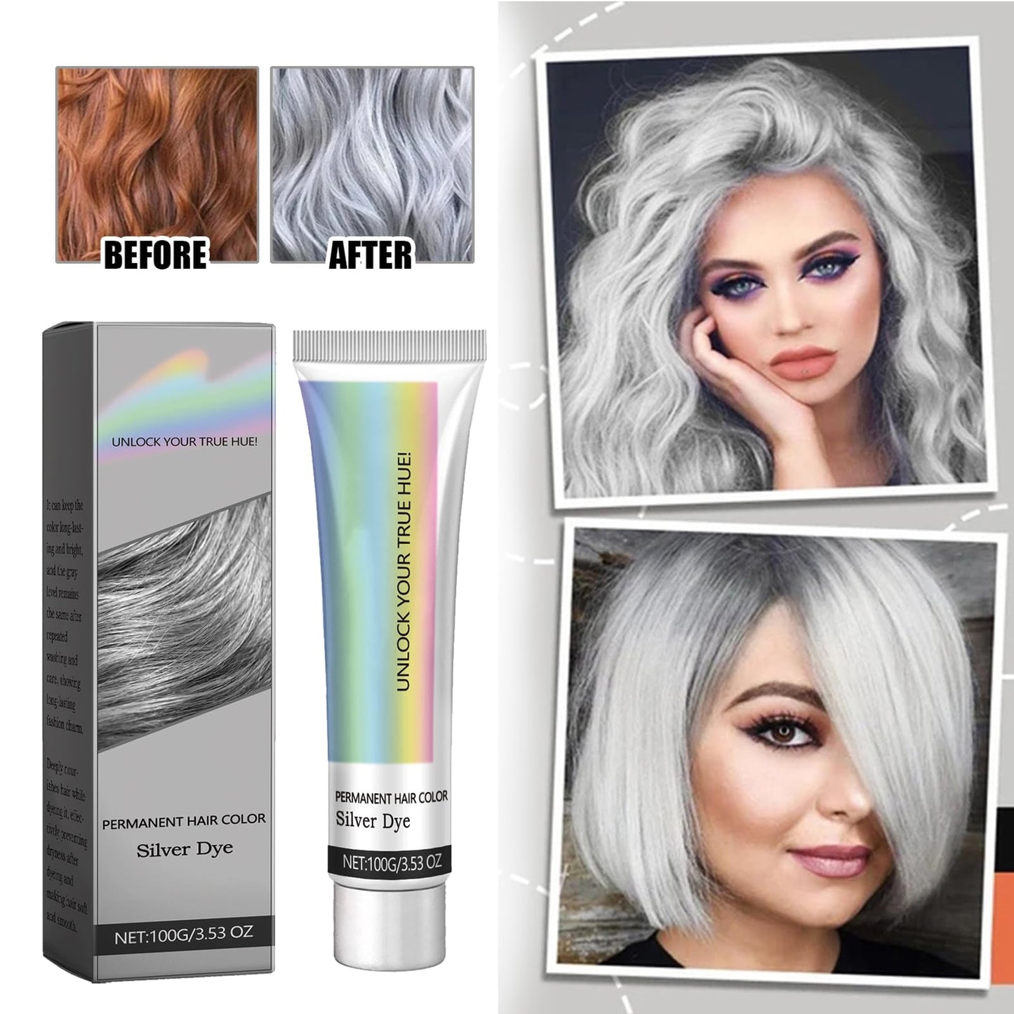 GNAUMORE Natural Essence Silver Hair Dye,Silver Gray Hair Dye,Grey Natural Hair Cream,Grey Permanent