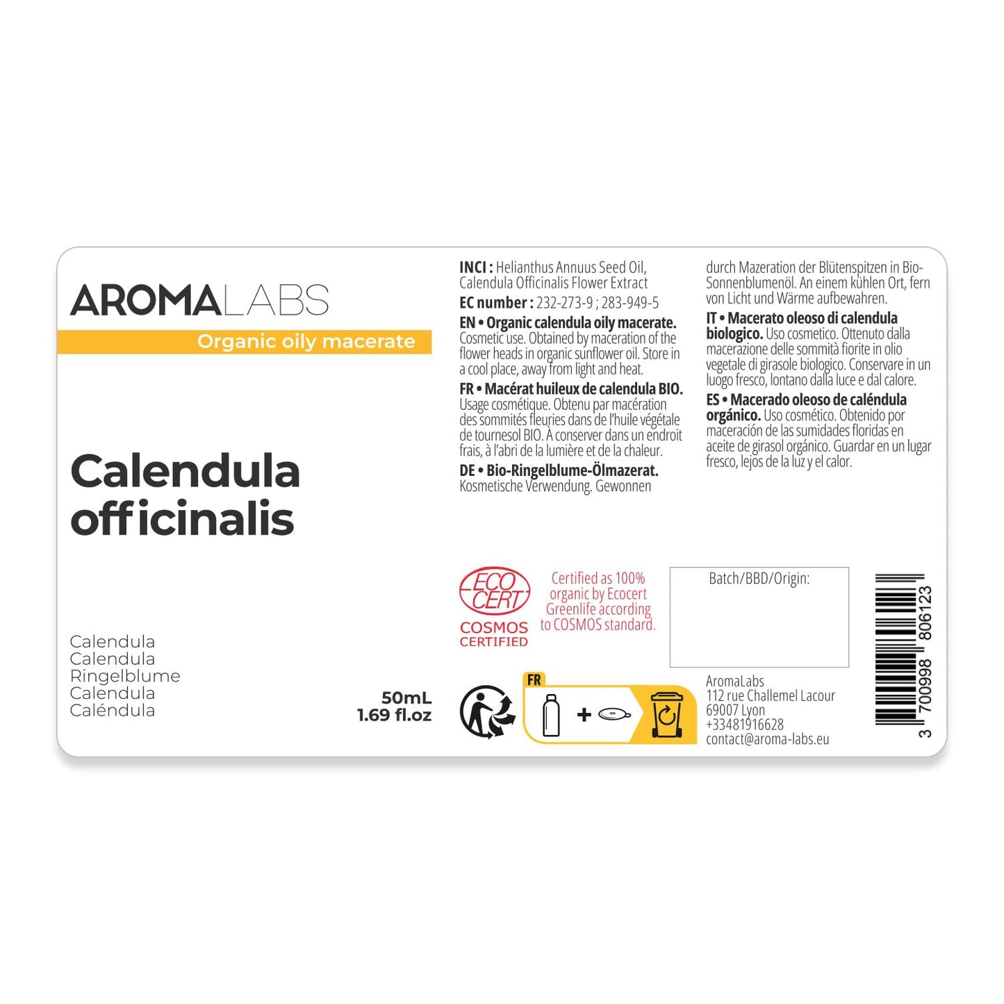 Aroma Labs ORGANIC - CALENDULA Infused Oil - 50mL - 100% Pure, Natural And Cosmos Certified - AROMA LABS (French Brand)