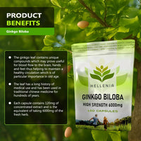 Ginkgo Biloba High Strength Capsules | 6000mg Highly Dosed | 50:1 Extract - 180 Capsules | Ginkgo Biloba 6000mg | Suitable for Vegans - Manufactured in the UK by Hellenia
