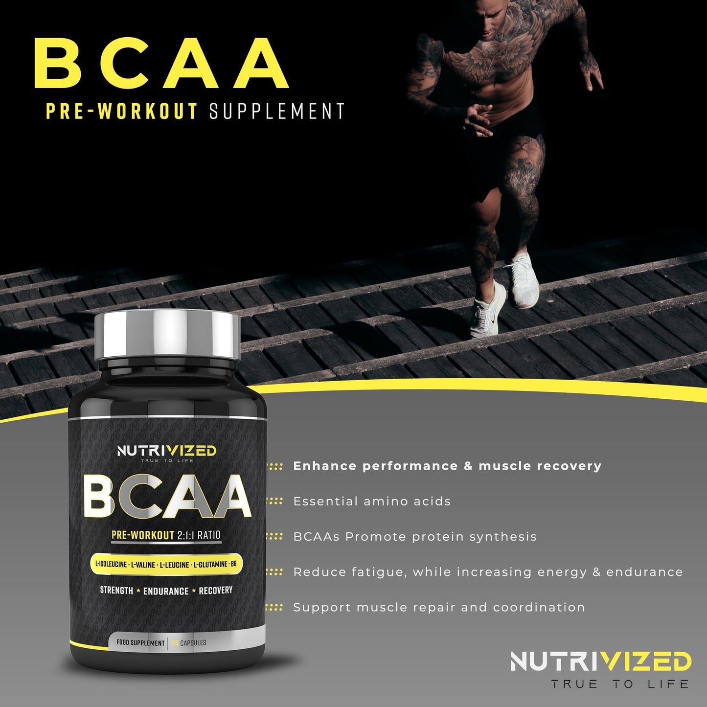 Nutrivized BCAA - 1800mg - 2:1:1 Branched Chain Amino Acid with L Glutamine - Vitamins B6 - Pre Workout for Men & Women - Vegan - Muscle Growth - Recovery - 90 Capsules - Made in The UK