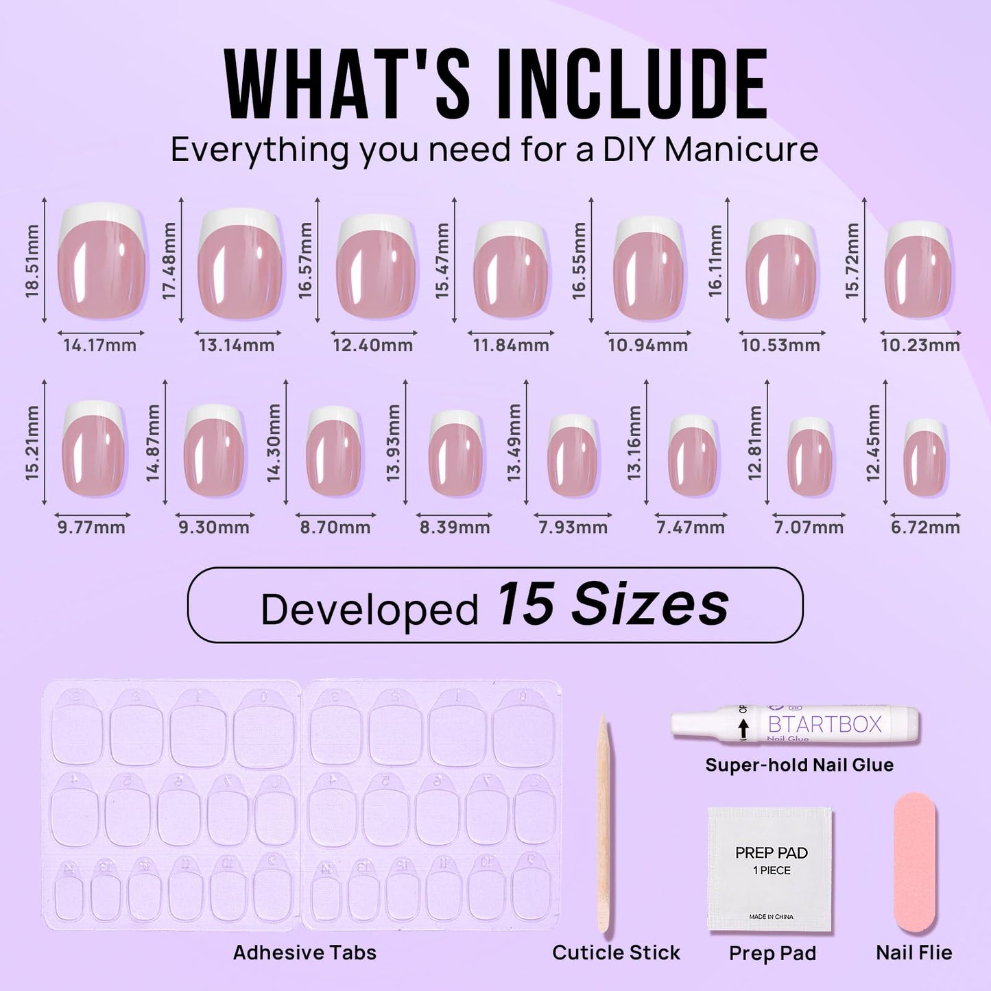 BTArtbox Stick On Nails Short - White French Tip False Nails Square, Chrome Glazed Press On Nails in 15 Sizes - 30 Soft Gel Fake Nail Kit, Be Elegant