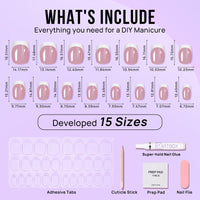 BTArtbox Stick On Nails Short - White French Tip False Nails Square, Chrome Glazed Press On Nails in 15 Sizes - 30 Soft Gel Fake Nail Kit, Be Elegant