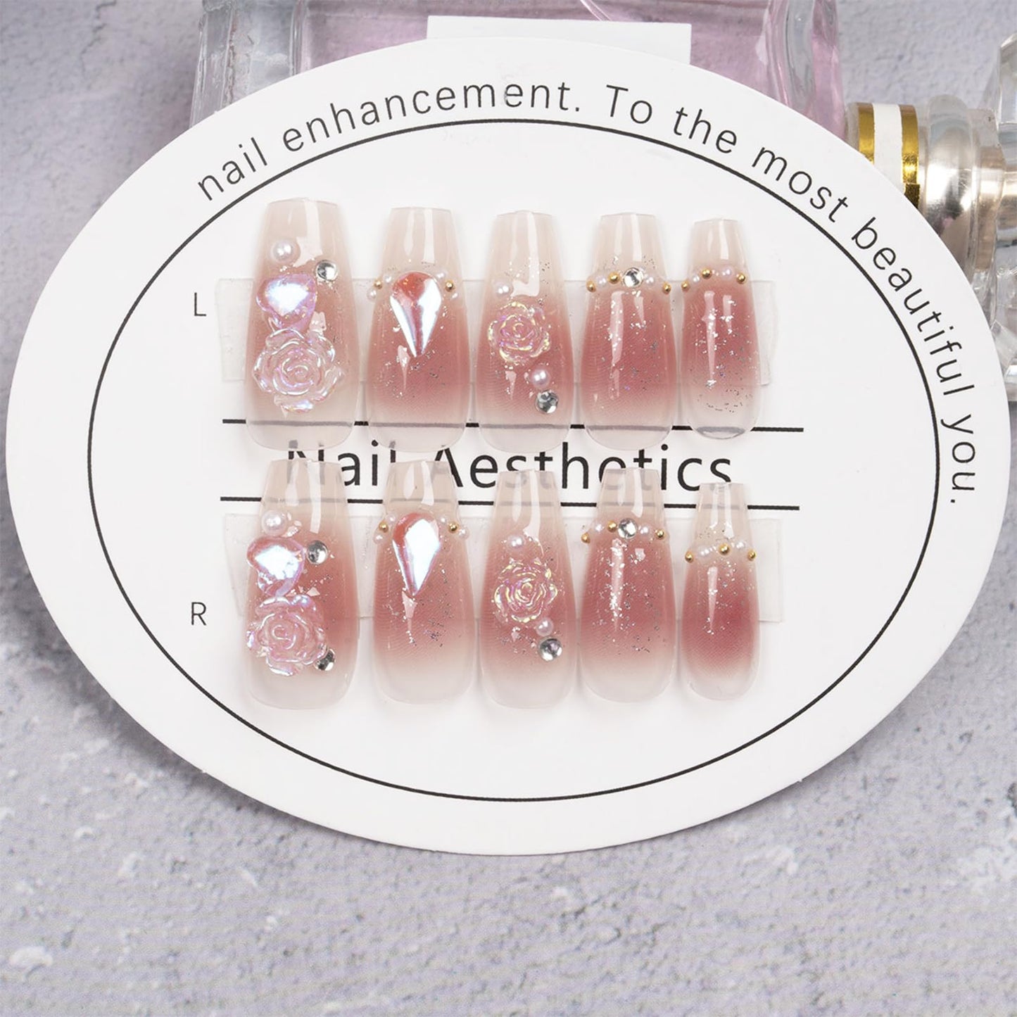 EONFAVE French Tip False Nails - 24pcs Press On Nails Long - Ice-Soaked Blush Camellia False Nails With Glue Long Coffin Shaped Elegant French Ballet Luxury Design Fake Nails