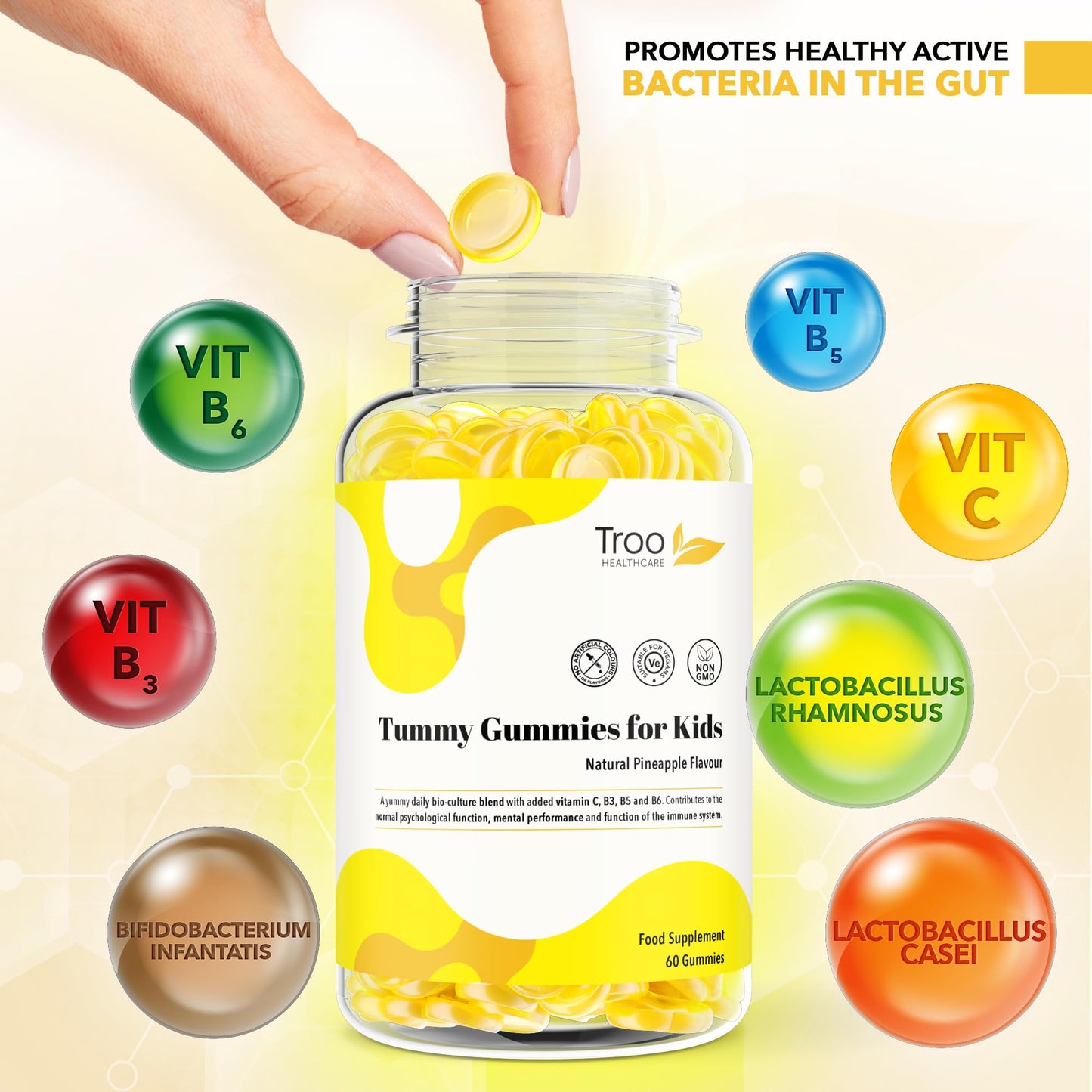 Tummy Gummies Probiotics with Vitamins for Kids & Adults - 60 Natural Pineapple Flavour Active Bacteria Gummies with Vitamin C, B3, B5 and B6 to support Immune Function and Mental Development