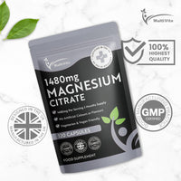 Multivita Magnesium Citrate 1,480mg 120 Vegan Capsules 2 Months Supply - Providing 440mg Elemental Magnesium Per Serving - Magnesium Capsules not Magnesium Tablets - High Strength Magnesium Supplement GMO Free