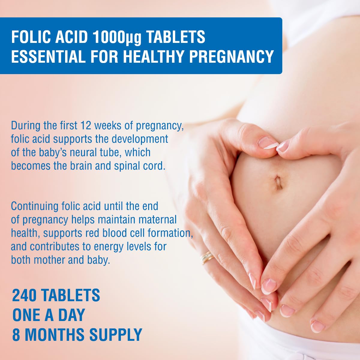 Health4All Folic Acid 1000mcg 240 Tablets (8-Month Supply) - Supports Healthy Prenatal Development - UK Made Vegan Folic Acid High Strength Vitamin B9 Tablets