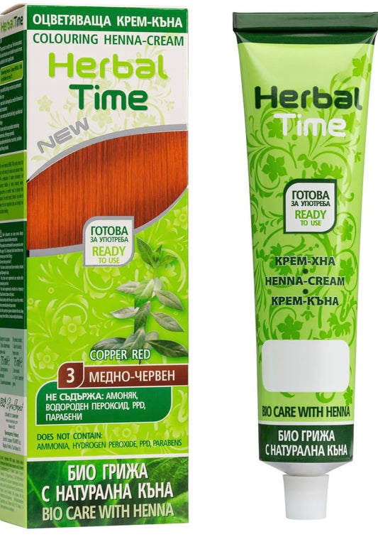 Generic Henna Herbal Time Natural Cream Color Copper Red Nº 3 | Henna Coloring Cream with Nettle Extract | Gray Hair Cover | Ammonia Free, Sulfates Free, Parabens Free | 75 ml