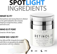 Voila Pure - RETINOL CREAM - Moisturizer - For Face & Neck - 2.5% Slow Release Retinol - Infused With Hyaluronic Acid & Vitamin E - Use Day & Night For Best Anti-Ageing & Acne Results - 1.7fl Oz