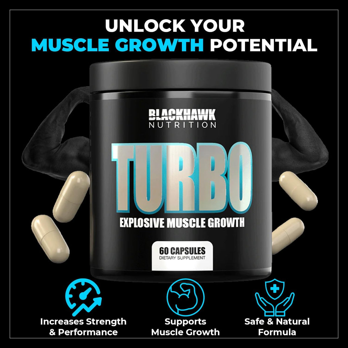 Blackhawk Nutrition Turbo Muscle Support Formula with Turkesterone & Beta Ecdysterone - Ideal Muscle Mass Synthesis to Improve Strength & Muscle Development – 60 Capsules Pack