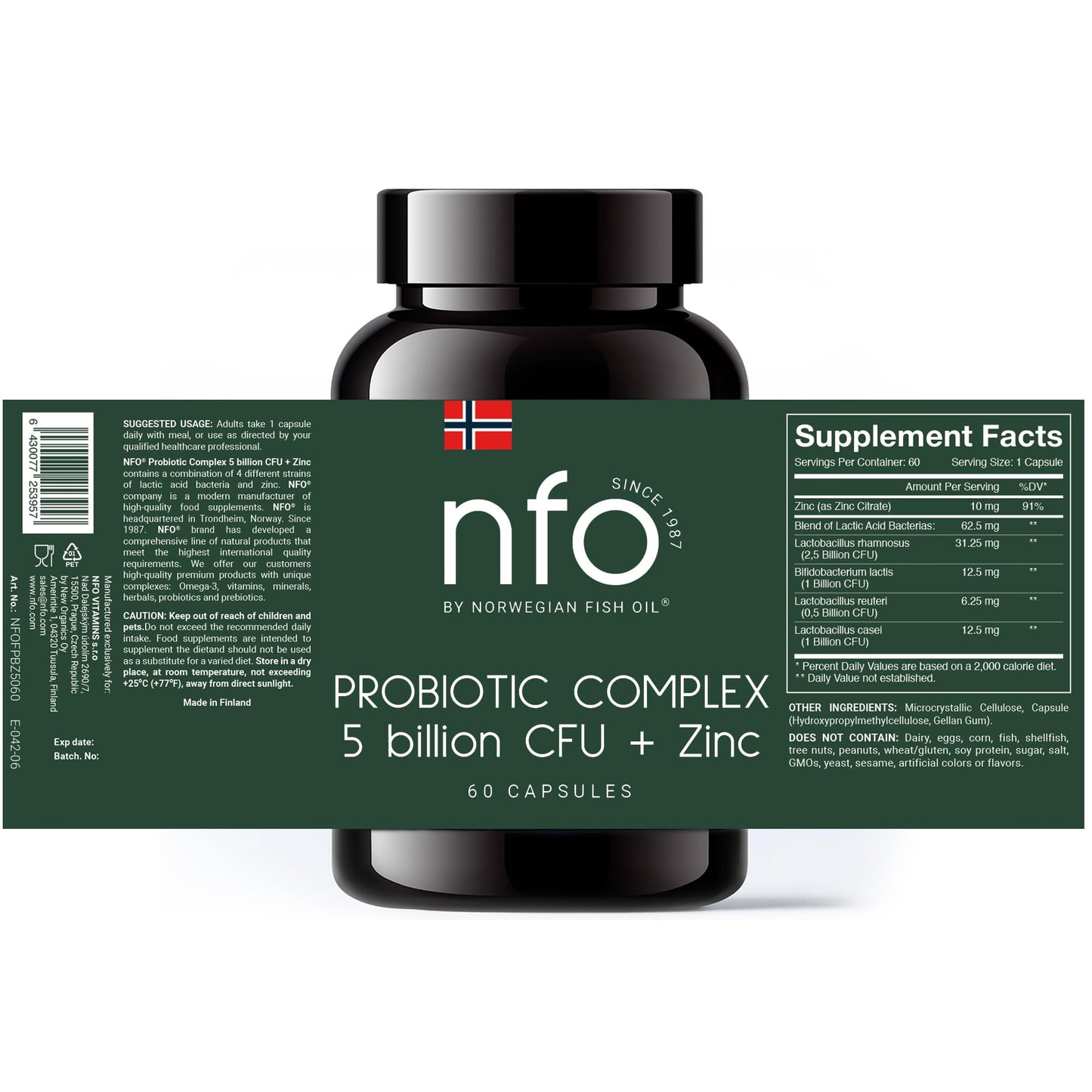 NFO Probiotic Complex 5 billion CFU + Zinc [60 Capsules] Natural High-Dose Complex of Probiotics with Zinc for the Immune System, Skin, Hair, Nails, Teeth, Bones, Made in Finland