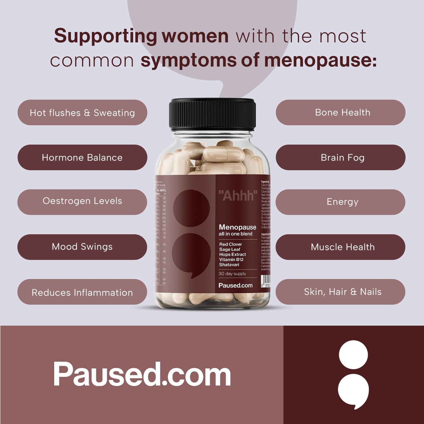 Paused Menopause Relief Tablets - 60 Capsules | All-in-One Formula, Vitamins, Calcium, Herbal Extracts | Hot Flash & Mood Relief | Energy & Joint Support | Stay Healthy, Happy & Productive