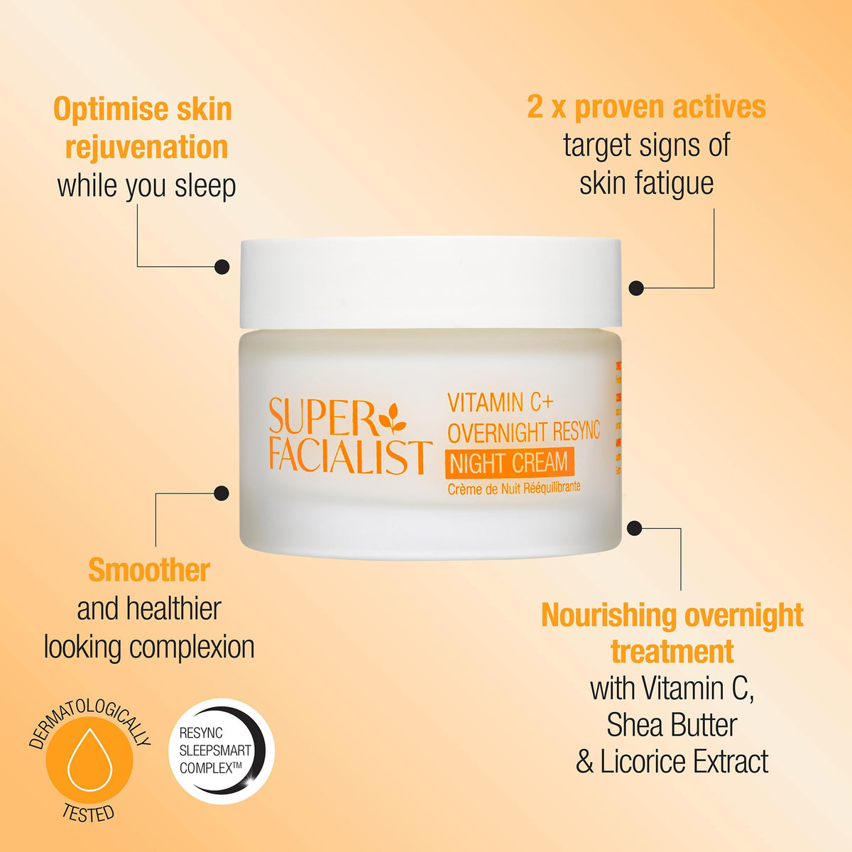 Super Facialist Vitamin C Overnight Resync Night Cream, SleepSmart Complex, Shea Butter, Licorice Extract, Radiant & Youthful Skin, Vegan Friendly, 50ml