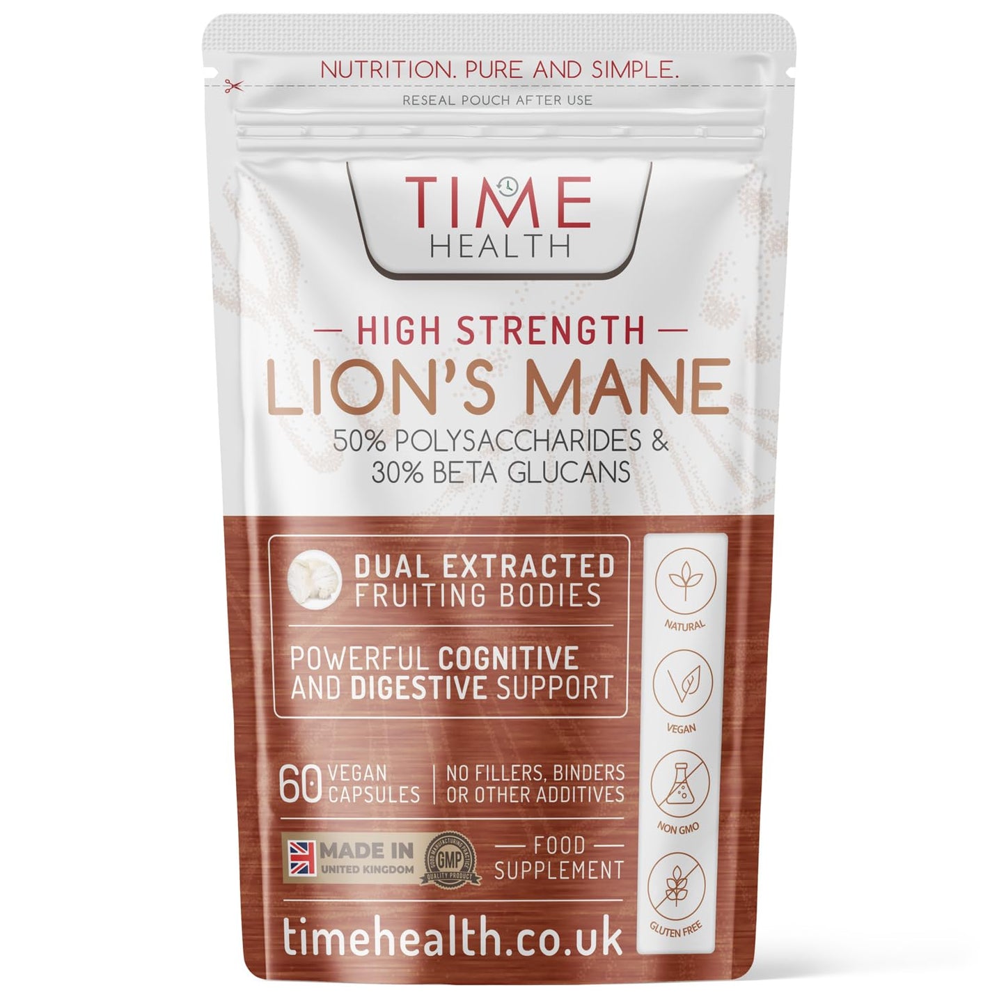 Lions Mane High Strength Extract - 50% Polysaccharides / 30% Beta 1,3/1,6 D Glucan - No Fillers, Binders or Flow Agents - 3rd Party Tested - UK Made (60 Capsule Pouch)