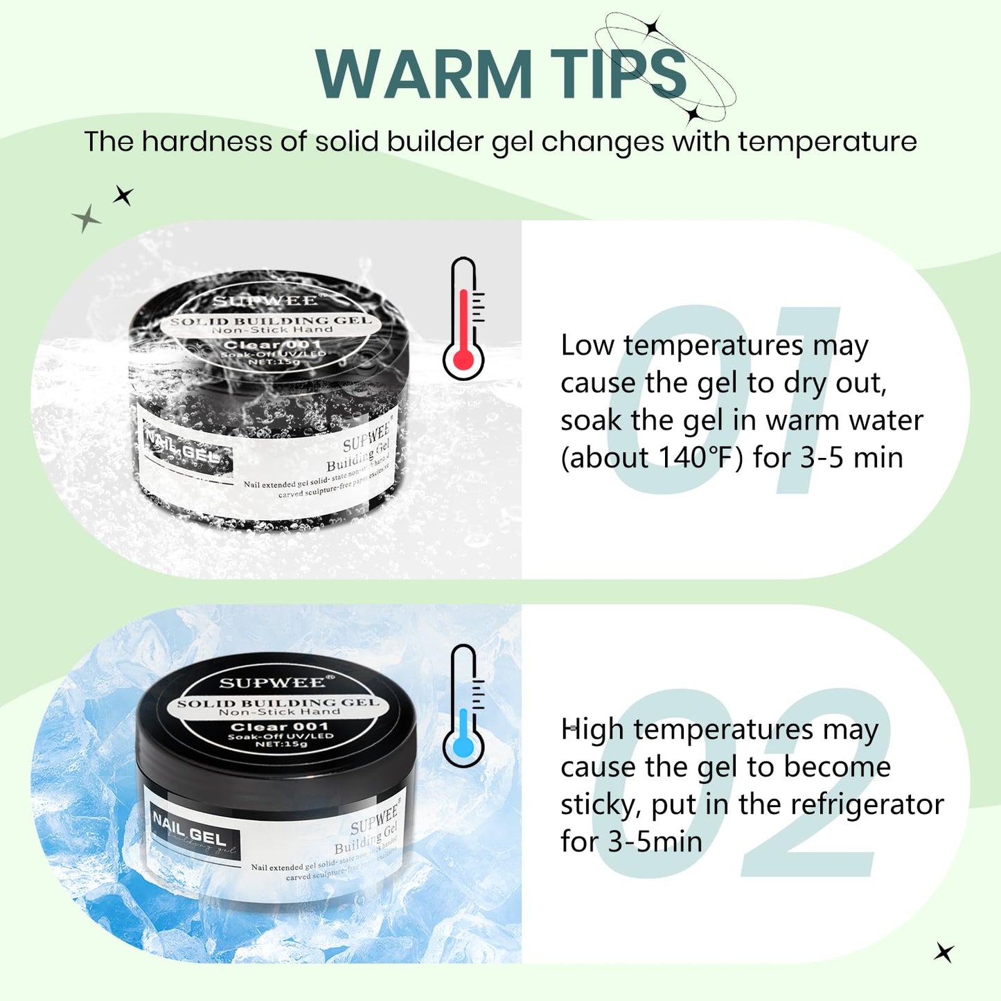 SUPWEE Solid Builder Gel fo Nails, Clear Aurora Green 3D Gel Nail Art 2 Colors Sculpting Gel for Nail Extension Gel Carving Nail Strengthen Hard Gel DIY Nail Art Salon At Home