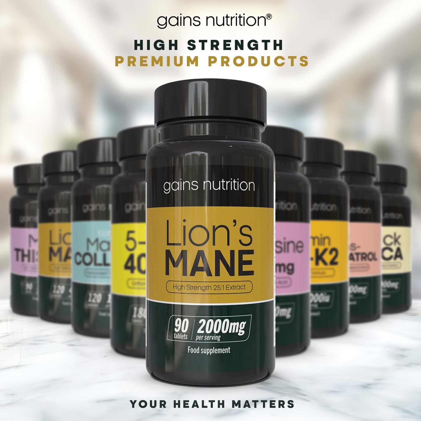 Gains Nutrition GN Lions Mane | 90 High Strength Lions Mane Supplement Tablets with Black Pepper - 2000mg Lion's Mane per Serving | Lions Mane Mushroom Supplement | Non-GMO, Gluten & Allergen Free | Made in The UK