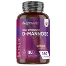 WeightWorld High Strength Pure D Mannose Capsules 2000mg - 180 Naturally Sourced D Mannose Capsules (Not D Mannose Tablets or D Mannose Powder) - Additives-Free & Vegan - 2 Months Supply - 666mg per Capsule