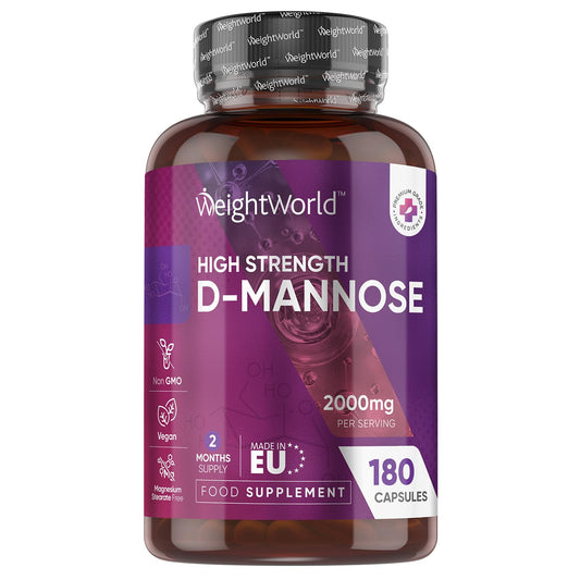 WeightWorld High Strength Pure D Mannose Capsules 2000mg - 180 Naturally Sourced D Mannose Capsules (Not D Mannose Tablets or D Mannose Powder) - Additives-Free & Vegan - 2 Months Supply - 666mg per Capsule