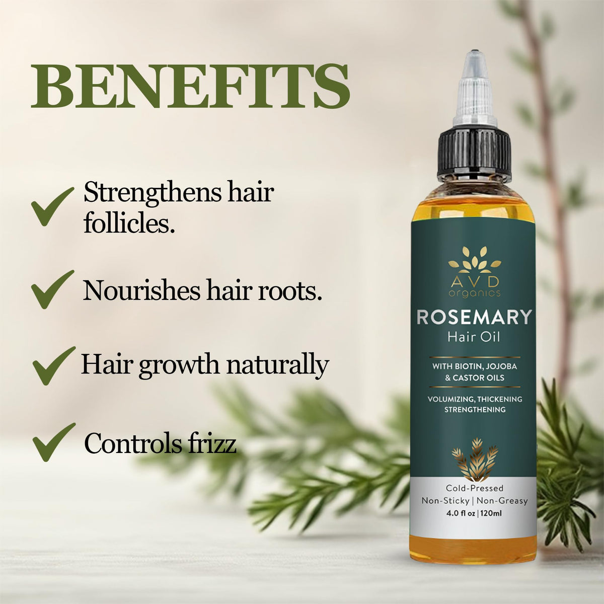 AVD ORGANICS AVD Organics Rosemary Oil for Hair – Infused with Biotin, Jojoba & Castor Oil – Strengthening, Nourishing & Volumising Hair Oil – Non-GMO – 120ml