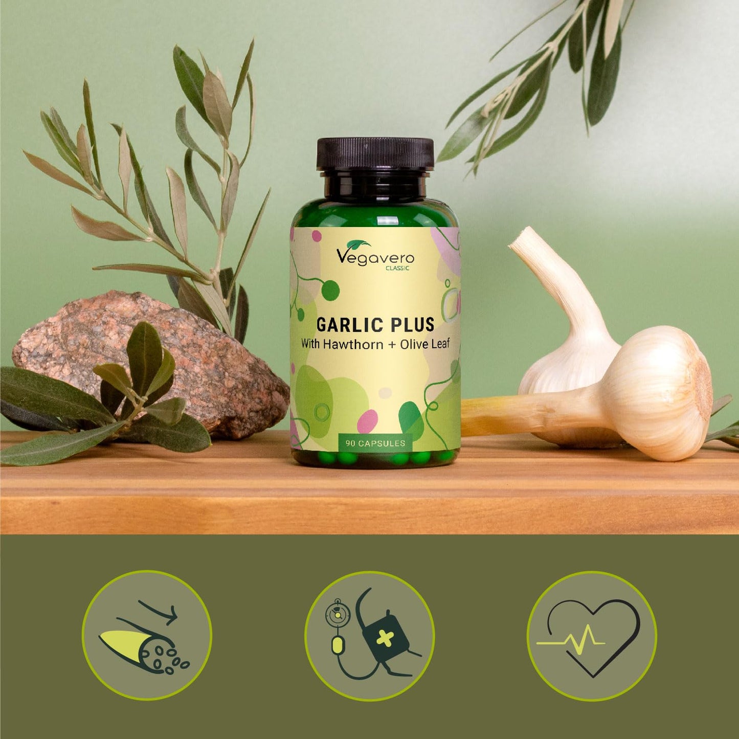 Vegavero Hawthorn Garlic Supplement | NO Additives | with Olive Leaf Extract | 4 mg Allicin | Lab-Tested & Non-GMO | 90 Capsules | Vegan