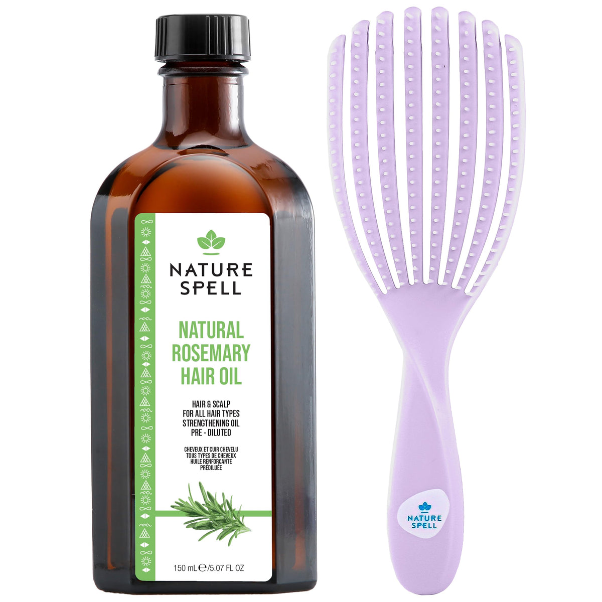 Nature Spell Rosemary Oil for Hair Growth with Detangling Brush, Pre-Diluted Scalp Oil Stimulates Growth & Strengthens Dry, Damaged Strands, Vegan, For All Hair Types & Textures, 150ml